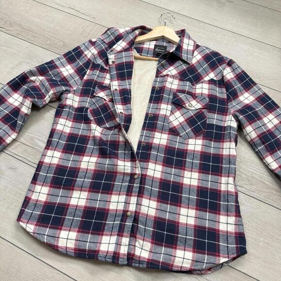 Jachs Girlfriend Sherpa Lined Flannel Shirt Overshirt Plaid Red Navy White Sz L - Picture 7 of 10